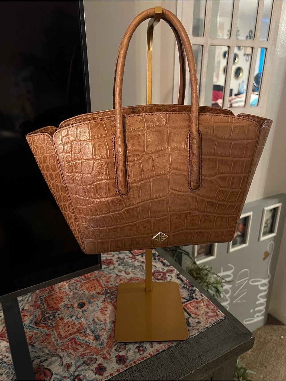 ANTONIO MELANI Croc-Embossed Tote in Cognac Brown